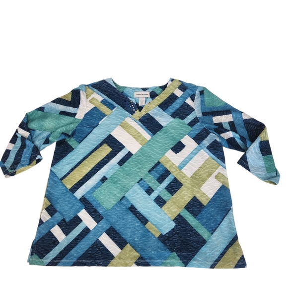Alfred Dunner Textured Blue and Green Abstract Blouse 3/4 Sleeve Large - Picture 3 of 7